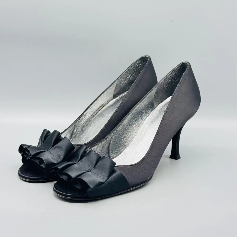 Stuart Weitzman Shoes Women 8.5 Black Satin Gigiritz Peep Toe Ruffle Pump Dress
